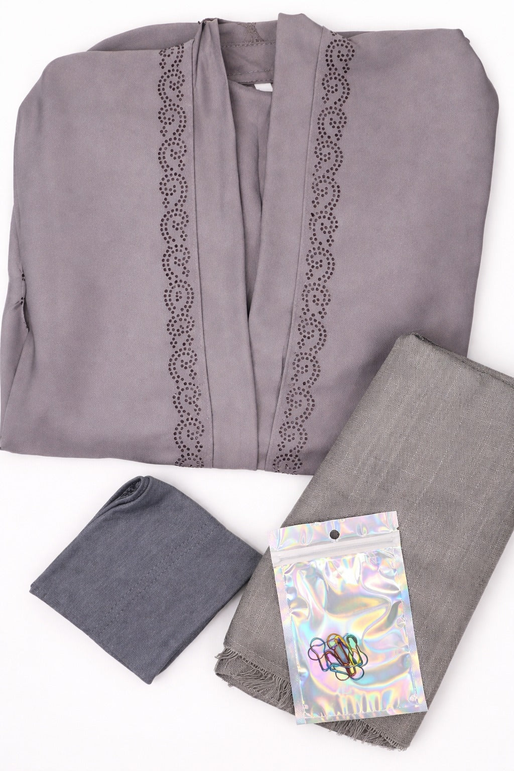 3 Piece Abaya Set - Grey Embroided Serenity Abaya