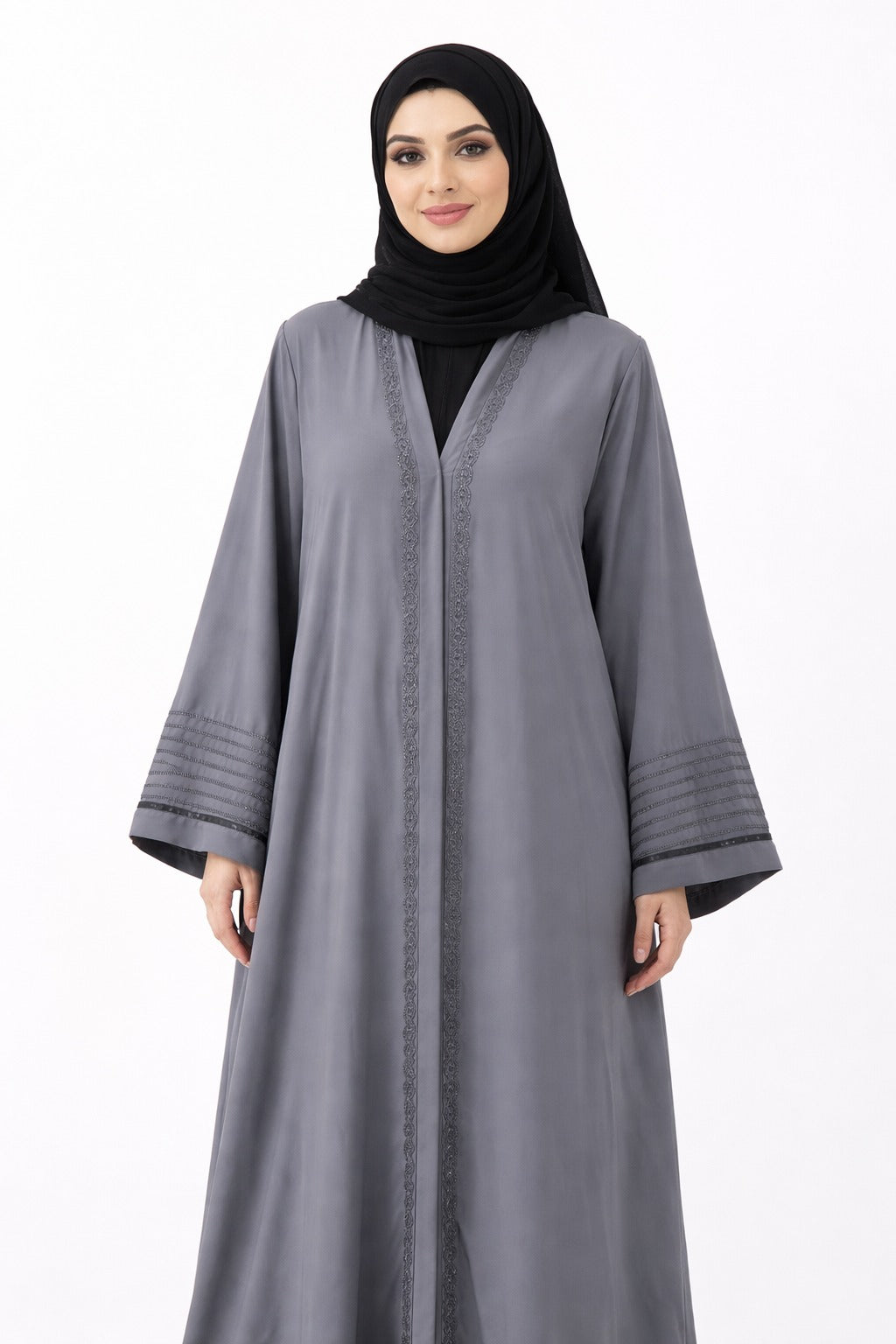 Silver Mist Embroidered Open Abaya
