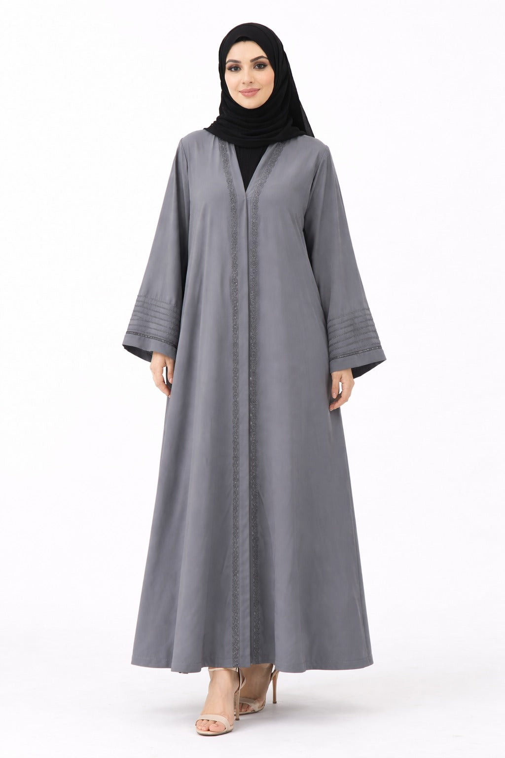 Silver Mist Embroidered Open Abaya