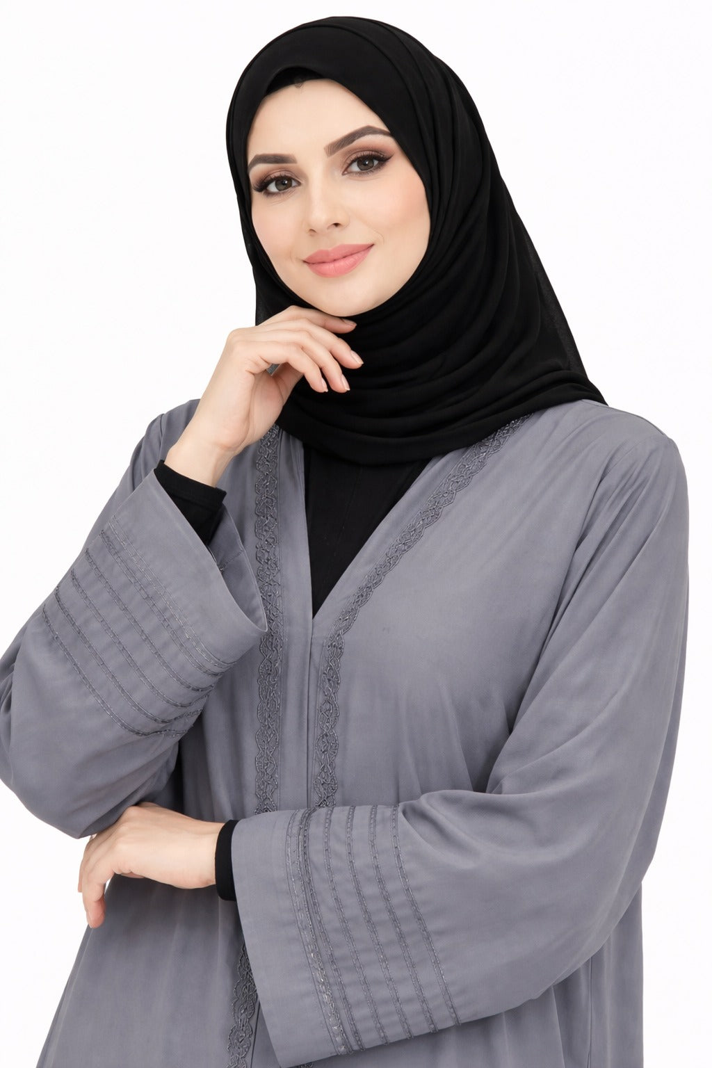 Silver Mist Embroidered Open Abaya